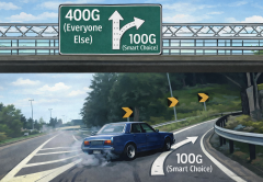 Highway offramp meme with 400G ahead and 100G to the right