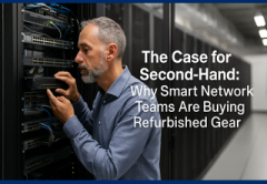 Engineer examining refurbished hardware in a network rack with caption.